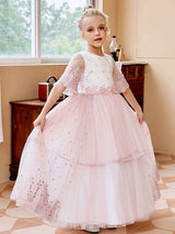 Light Pink Jewel Neck Short Sleeves Sash Lace Tulle Formal Kids Pageant flower girl dresses