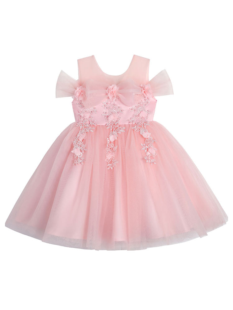 Light Pink Jewel Neck Short Sleeves Short A-Line Flowers Kids Party Dresses