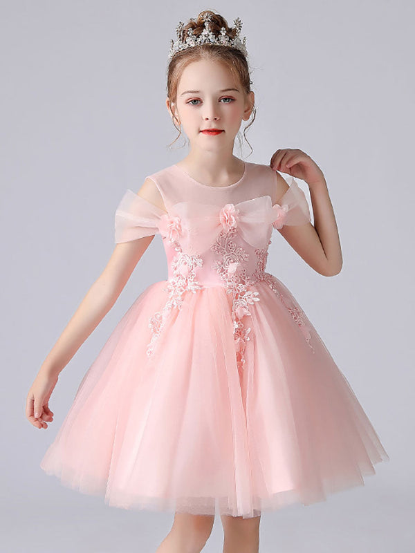 Light Pink Jewel Neck Short Sleeves Short A-Line Flowers Kids Party Dresses