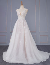 Light Pink Wedding Dresses A Line V-Neck Sleeveless Backless Long Lace Bridal Gown
