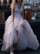 Light Pink Wedding Dresses Tulle V-Neck Sleeveless A-Line Bridal Dresses