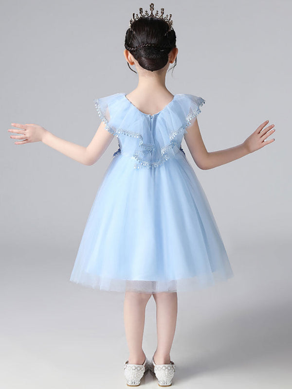 Light Sky Blue Designed Neckline Tulle Sleeveless Short A-Line Embroidered Kids Social Party Dresses