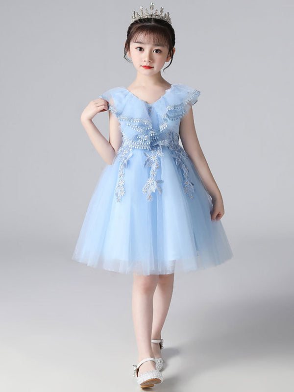 Light Sky Blue Designed Neckline Tulle Sleeveless Short A-Line Embroidered Kids Social Party Dresses
