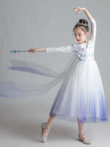 Light Sky Blue Jewel Neck Polyester Long Sleeves Tea-Length A-Line Polyester Cotton Tulle Sequins Formal Kids Pageant flower girl dresses