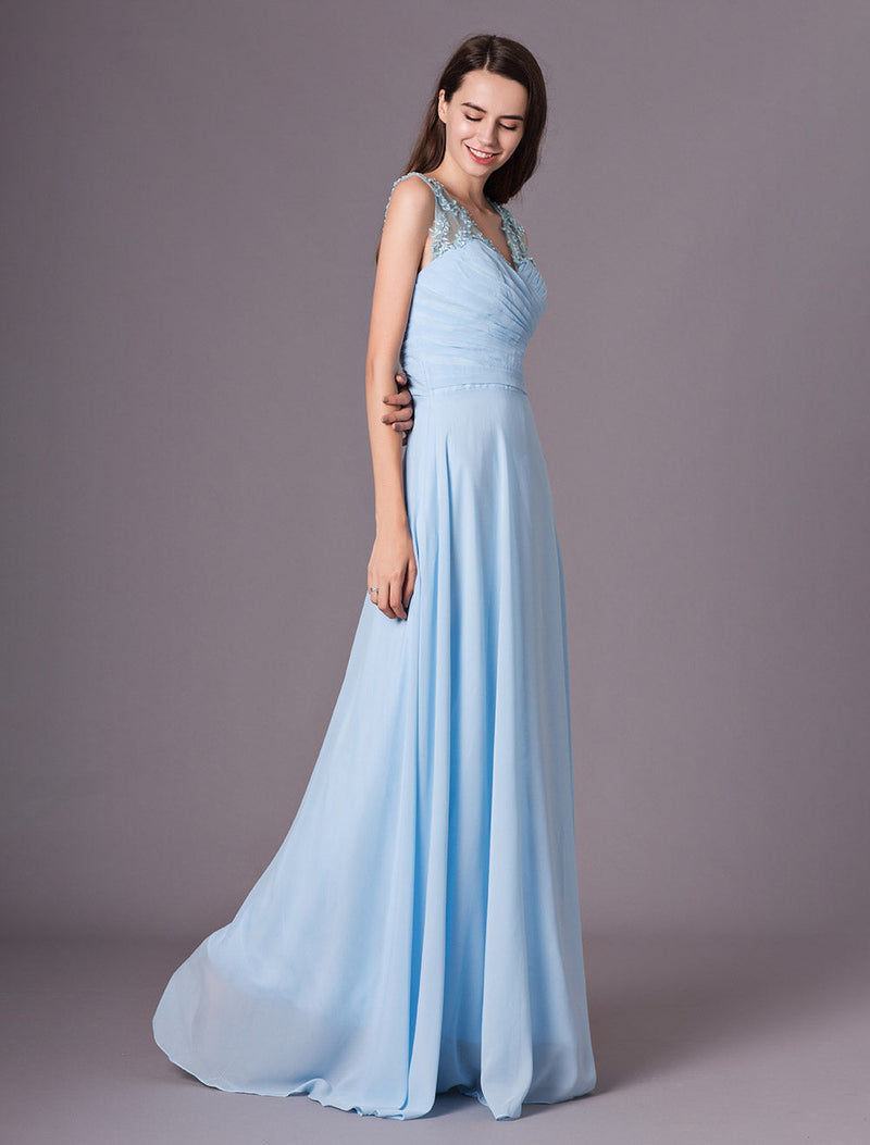 Light Sky Blue V-Neck Floor-Length Chiffon Flower On Shoulder Bridesmaid Dress