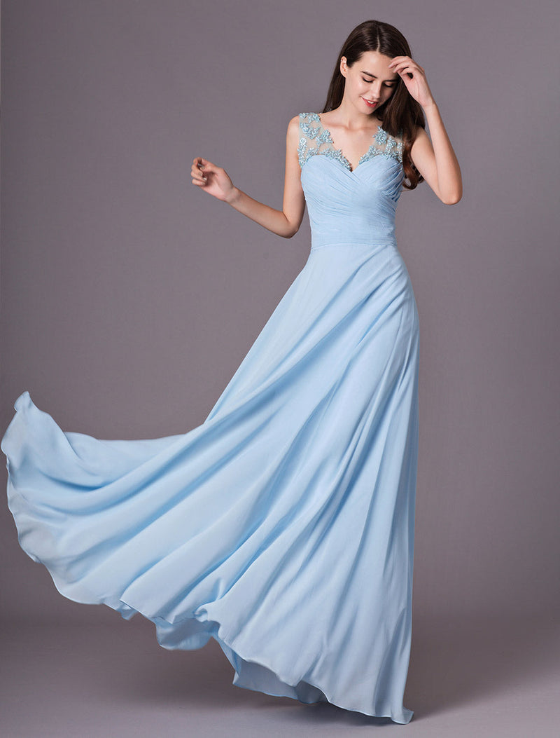 Light Sky Blue V-Neck Floor-Length Chiffon Flower On Shoulder Bridesmaid Dress