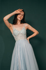 Light blue Sheer Gorgeous Appliques Prom Dress