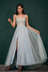 Light blue Sheer Gorgeous Appliques Prom Dress
