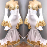 Long Sleevess Formal Dresses with gold appliques, mermaid Evening Party Gowns