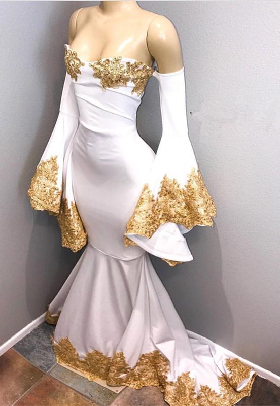 Long Sleevess Formal Dresses with gold appliques, mermaid Evening Party Gowns