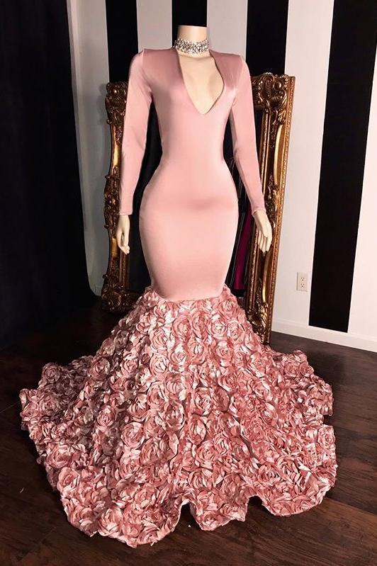 Long Sleevess V-Neck Mermaid Prom Dress Pink Long Chiffon