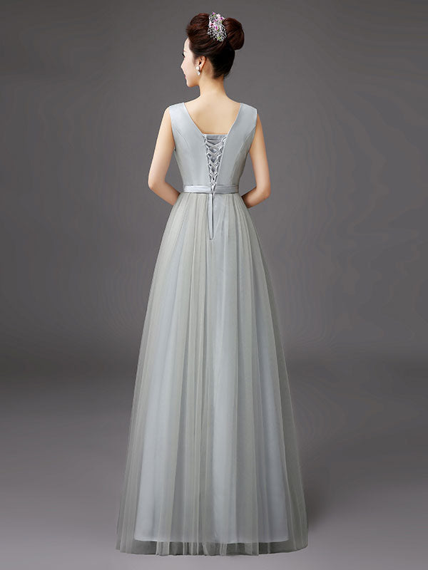 Long Tulle V Neck Sleeveless Bow Sash Floor Length Blue Bridesmaid Dress