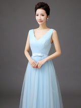 Long Tulle V Neck Sleeveless Bow Sash Floor Length Blue Bridesmaid Dress