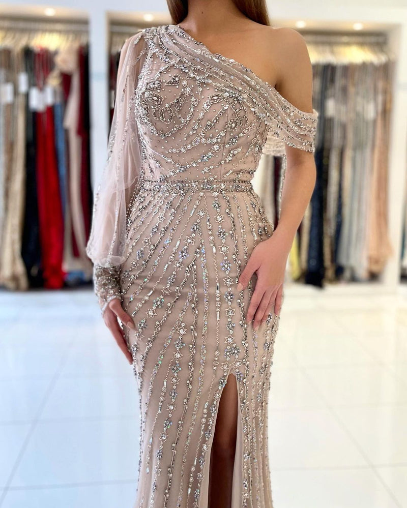 Luxurious Long Sleeves Beadings Prom Dress Long Mermaid Eevning Gowns With Slit