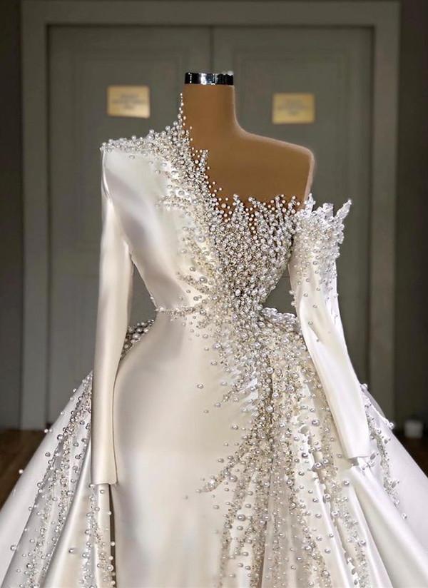 Luxurious Long Sleeves Pearls Overskirt Wedding Dress Online