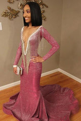 Luxurious Sequins Long Sleeves Mermaid Sheer Neckline Prom Dresses