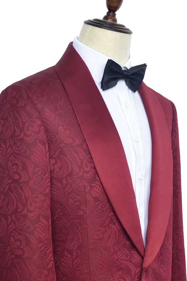 Luxury Burgundy Jacquard One Button Silk Shawl Lapel Mens Suits for Wedding and Prom