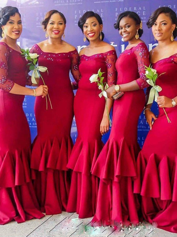 Mermaid Classy 3/4 Sleeves Off-the-Shoulder Stretch Crepe Bridesmaid Dresses
