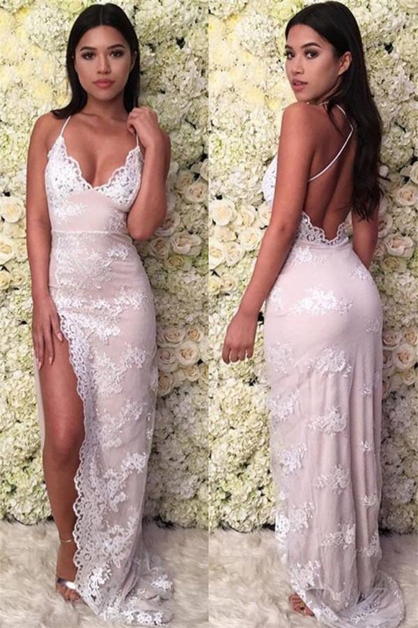 Mermaid Glamorous Spaghetti-Straps Lace Appliques Backless Prom Dresses