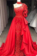 Mermaid High Neck One Shoulder Long Half Sleeve Appliques Lace With Side Train Prom Dresses