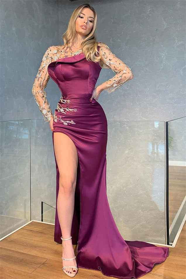 Mermaid Jewel Lace Applique Long Long Sleeve High Split Prom Dresses
