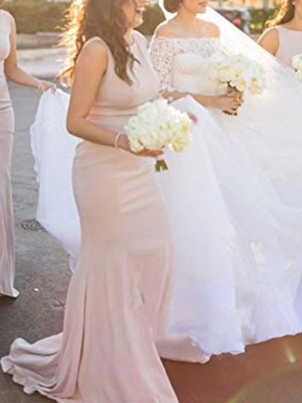Mermaid Jewel Neck Zipper Lycra Spandex Floor Length Bridesmaid Dresses