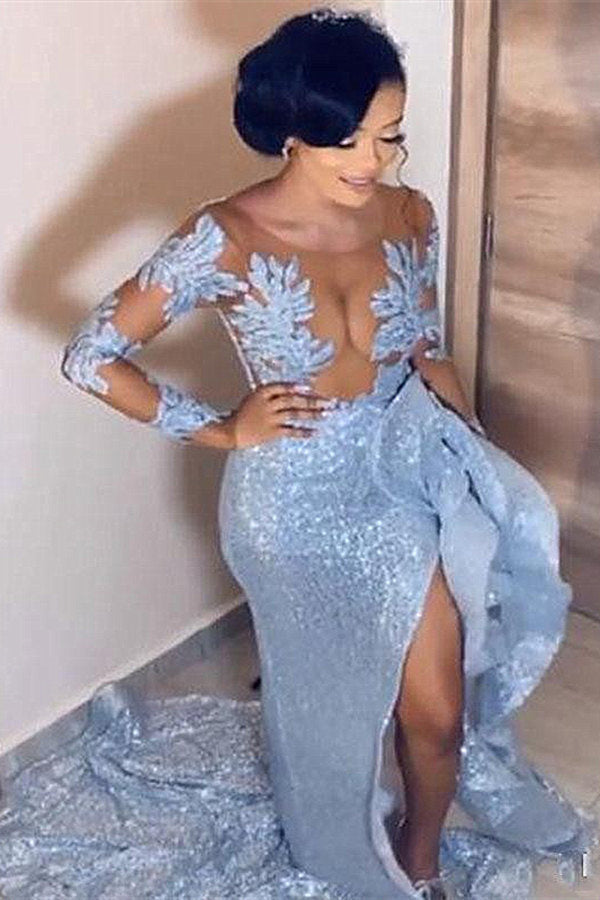Mermaid Jewel Sequins Long Long Sleeve Appliques Lace High Split Prom Dresses