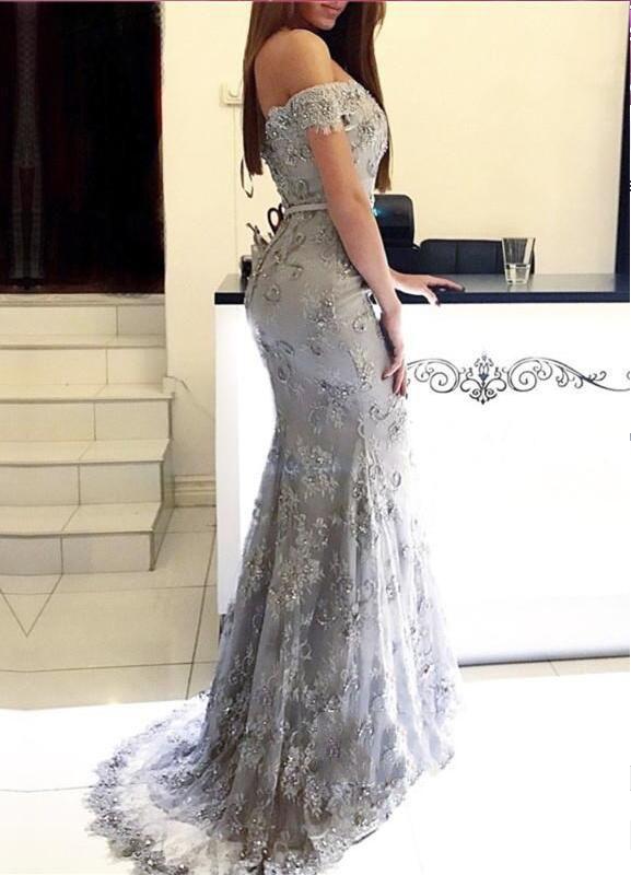 Mermaid Off-the-Shoulder Prom Dresses Sweetheart Long Silver Party Dress Evening Gowns