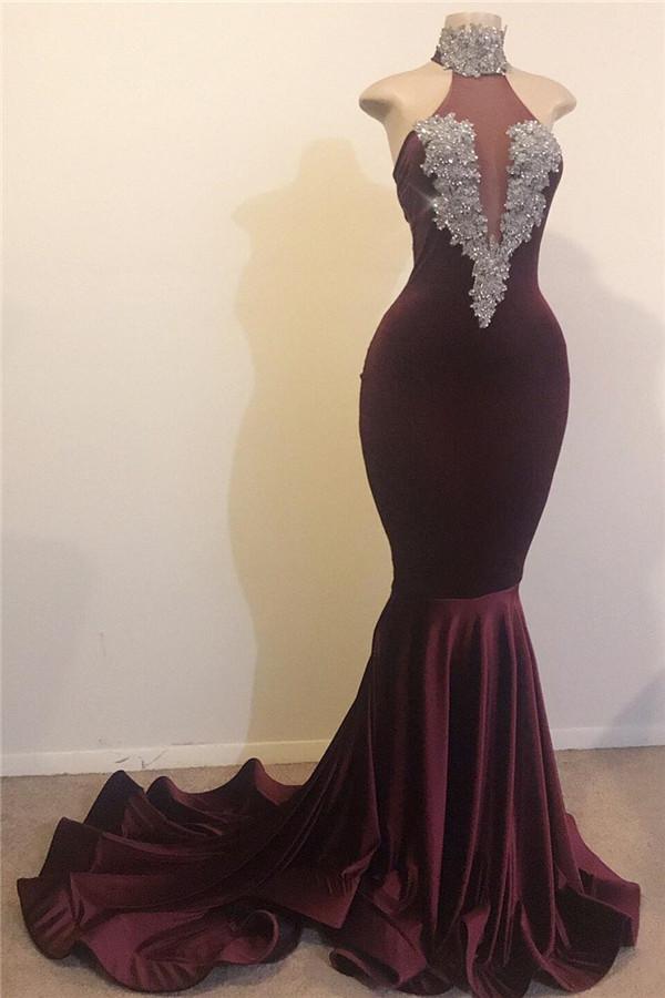 Mermaid Open Back Chic High-Neck Silver Party Dress Beads Appliques Formal Dresses