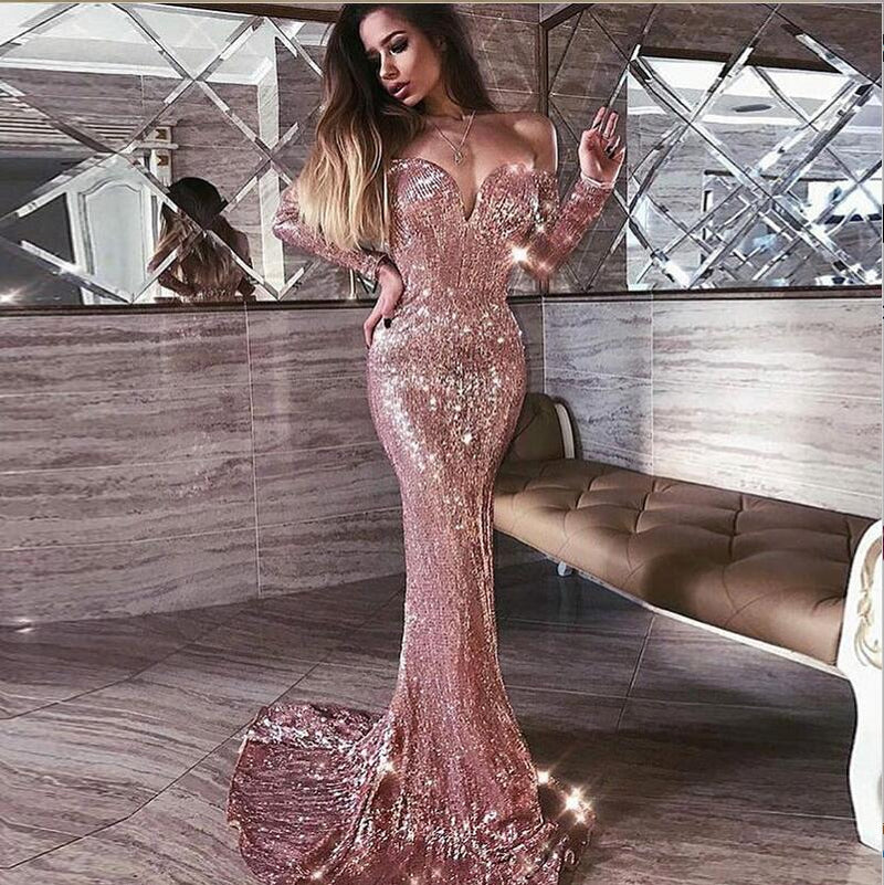 Mermaid Pink Shiny Sequins Strapless Off-the-Shoulder Long Sleeves Formal Dresses