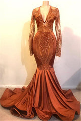Mermaid Sexy Deep V-Neck Long Sleeves Floor Length Chiffon Embroidery Prom Dress