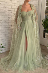 Mermaid Strapless Lace Sequins Sleeveless Long With Shawl High Split Prom Dresses