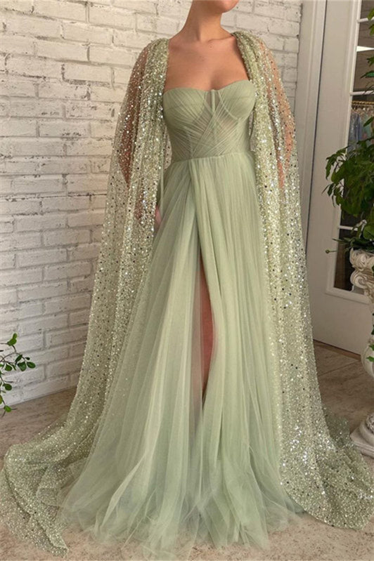 Mermaid Strapless Lace Sequins Sleeveless Long With Shawl High Split Prom Dresses