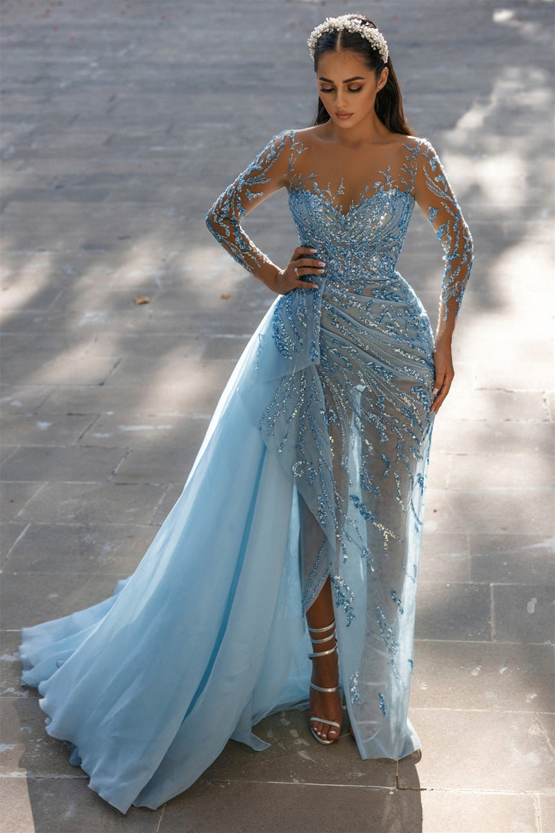 Mermaid Strapless Sweetheart Long With Side Train Appliques Lace High Split Long Sleeve Prom Dresses