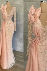 Mermaid V-neck Beading Sequins Long Long Sleeve Appliques Lace Flower Prom Dresses