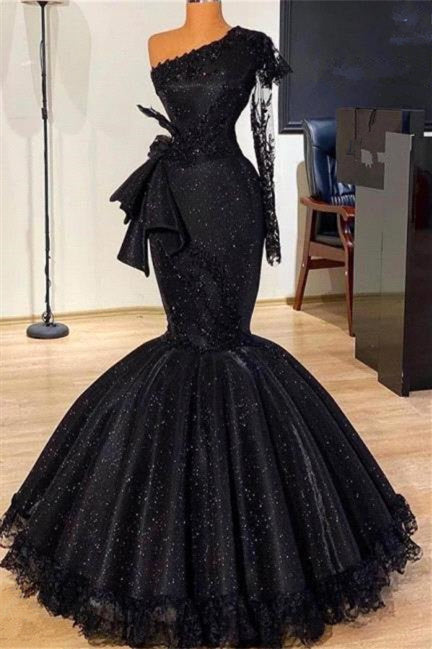 Mermaidal One Shoulder Long Bowknot Appliques Lace Prom Dresses