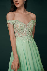Mint Green Chiffon Sheer Off-the-shoulder Lace Evening Party Gowns