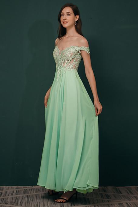 Mint Green Chiffon Sheer Off-the-shoulder Lace Evening Party Gowns