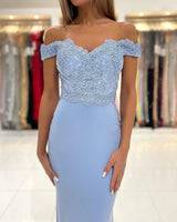Modern Blue Off-the-shoulder Mermaid Prom Dresses With Lace
