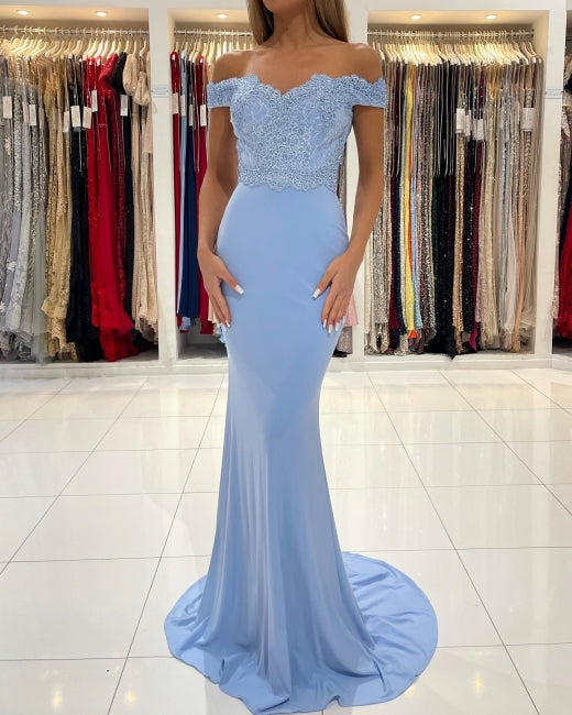 Modern Blue Off-the-shoulder Mermaid Prom Dresses With Lace