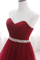 Modern Burgundy Long Prom Dress Tulle Crystal Evening Gown Sweetheart
