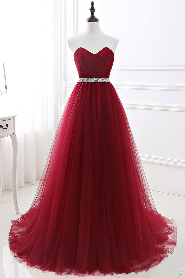 Modern Burgundy Long Prom Dress Tulle Crystal Evening Gown Sweetheart