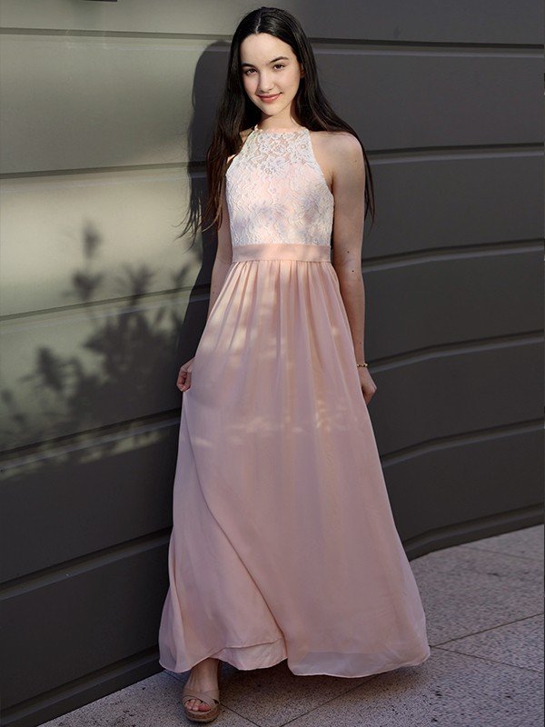 Modern Chiffon Lace Halter Sleeveless Junior/Girls Bridesmaid Dresses