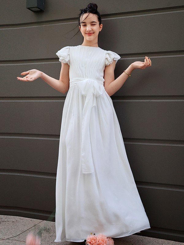 Modern Chiffon Ruffles Scoop Short Sleeves Junior/Girls Bridesmaid Dresses