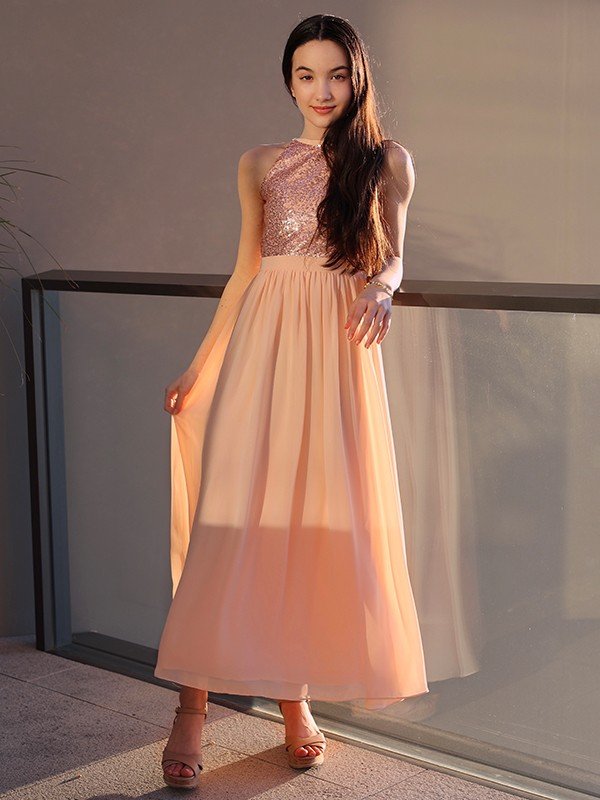 Modern Chiffon Sequin Scoop Sleeveless Ankle-Length Junior/Girls Bridesmaid Dresses