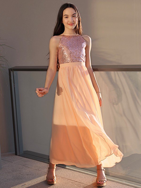 Modern Chiffon Sequin Scoop Sleeveless Ankle-Length Junior/Girls Bridesmaid Dresses