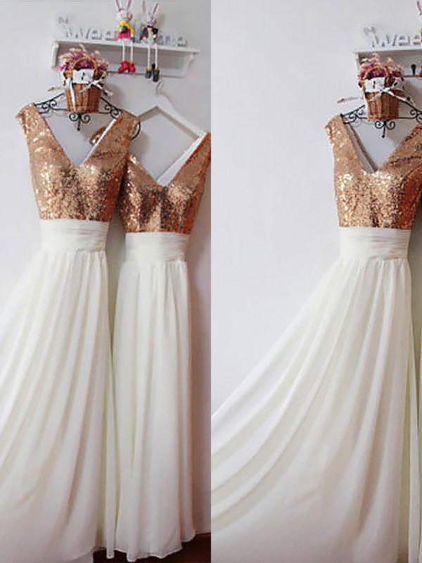 Modern Chiffon V-neck Sleeveless Sequin Bridesmaid Dresses
