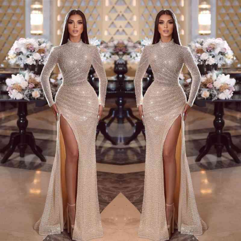 Modern High Neck Long Sleeves Prom Dresses Mermaid Sequins With Slit