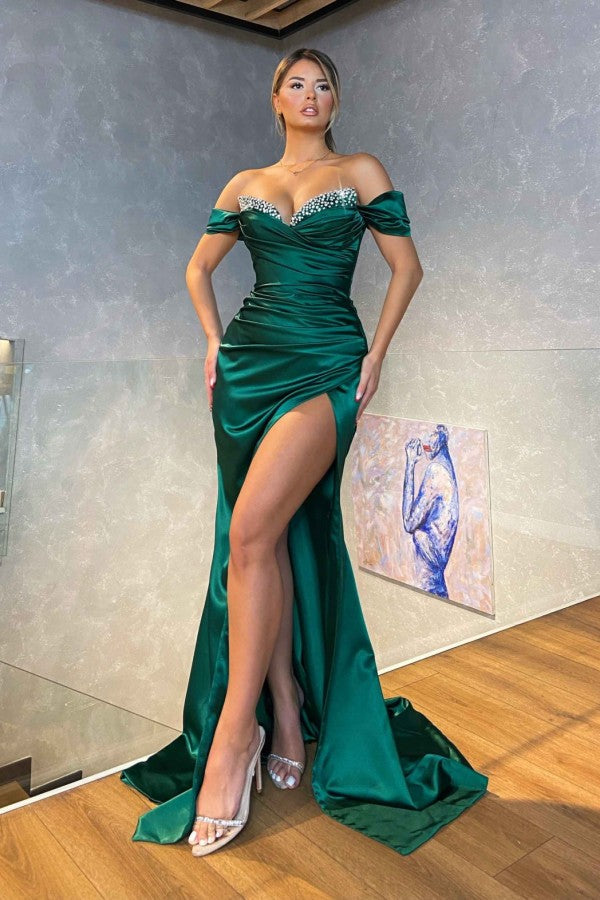 Modern High-split Dark Green Sparkle beaded Mermaid Prom Dress Off-the-shoulder