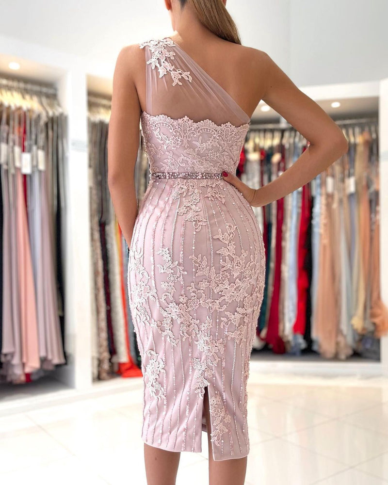 Modern Lace Sheath Prom Dress On Sale With Crystal One Shoulder
